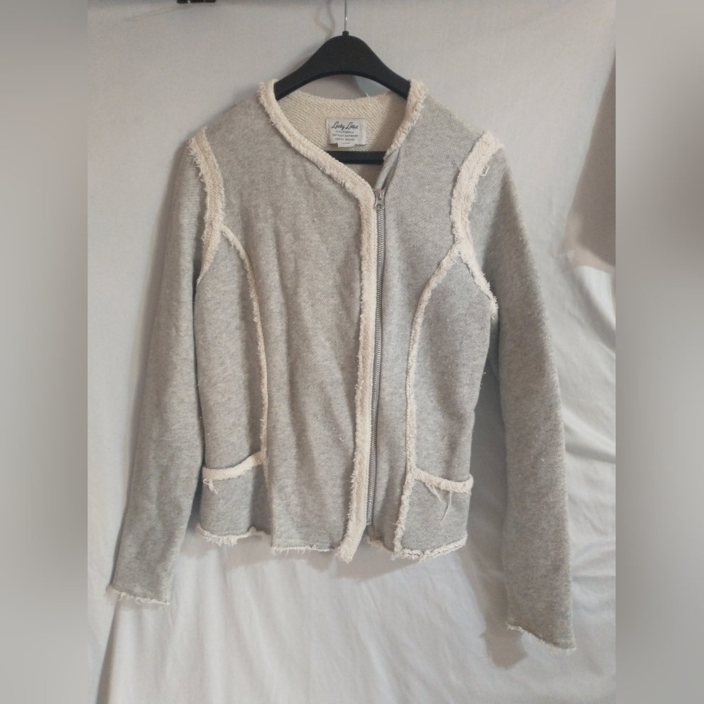 Lucky Brand Grey Gray White Full Zip Jacket Cardigan Sweater XL